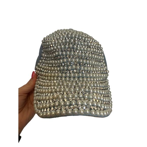 Chic Embellished Faux Pearl Rhinestone Ltwash Distressed Denim Baseball Cap Hat - Picture 2 of 9